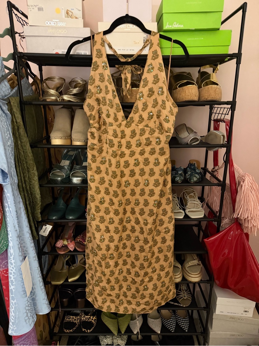 J. Crew Tan Midi Dress with Green Floral Print